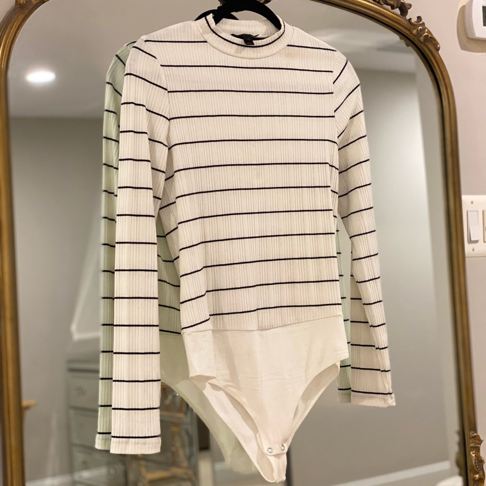J CREW NEW Bodysuit Top Stripes Ribbed Mockneck, Ivory/Navy, SZ M